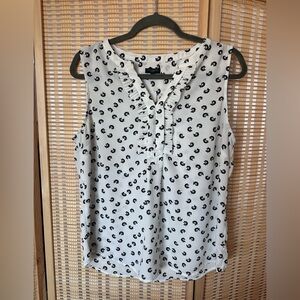 Talbots White Sleeveless Ruffle-Neck Camisole with Black Floral Print